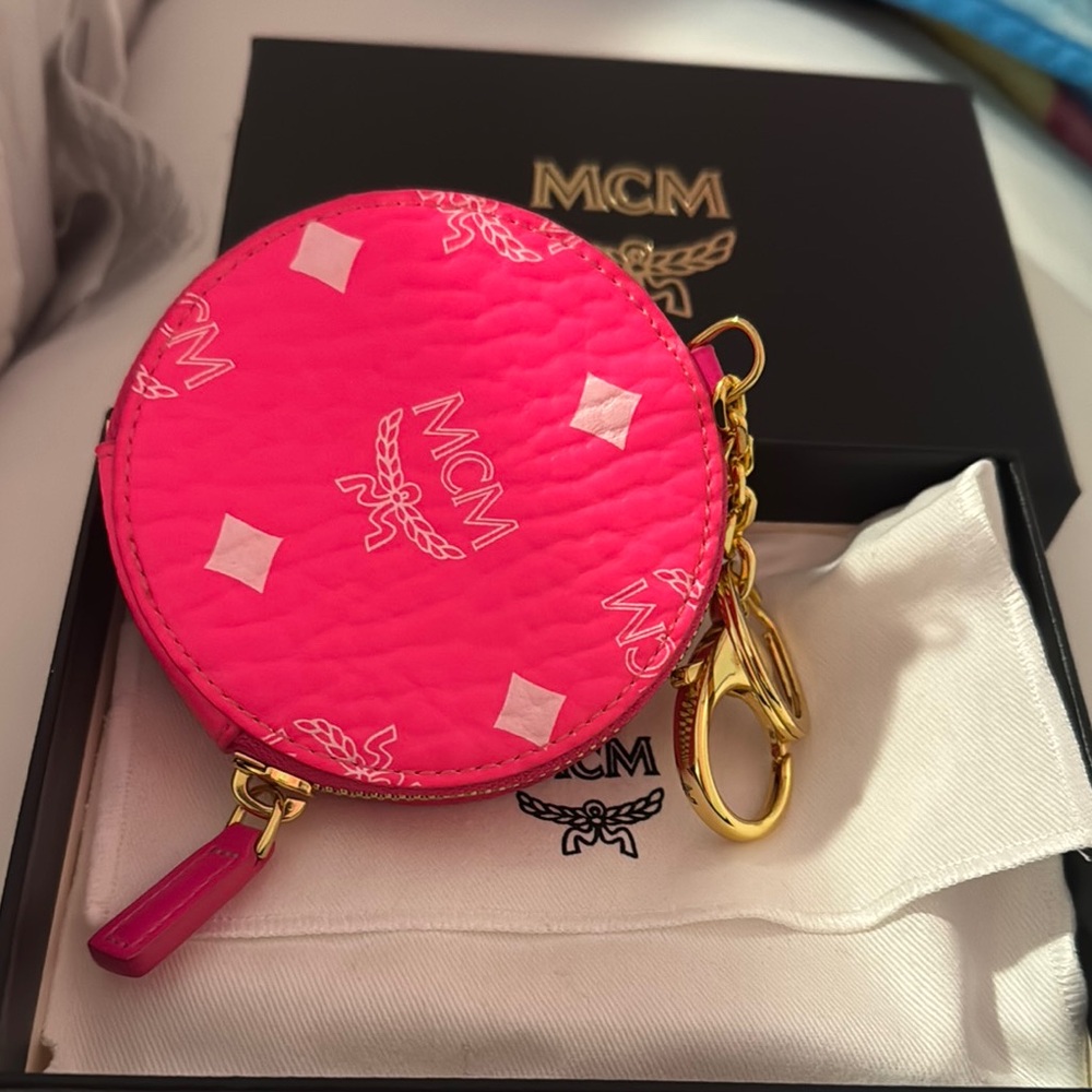 MCM Vibrant Pink Coin Pouch with Gold Accents